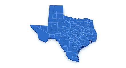 Obraz premium 3D Render of Texas County Map, Blue Relief, Isolated White Background