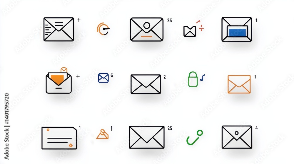 Poster a collection of modern minimalist outline icons representing various digital communication and messa