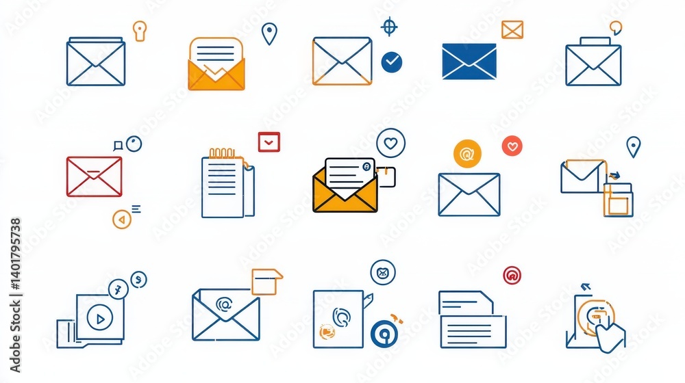 Poster a collection of clean minimalist outline icons representing various aspects of digital communication