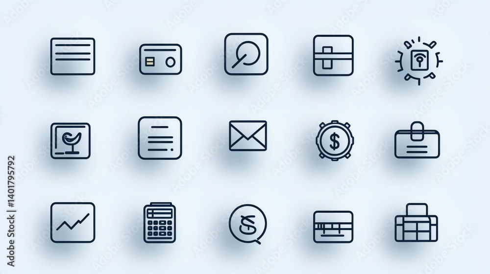 Poster a collection of minimalist icons representing various financial and banking related concepts depicte