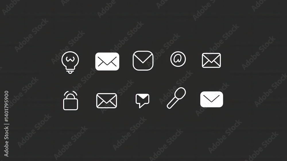 Poster a collection of simple minimalist line icons depicting various email and communication related funct
