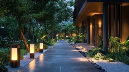 Obraz premium Enchanting illuminated garden pathway leading to modern architectural structure