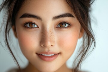 Fototapeta premium A beautiful Asian woman with stunning brown eyes and freckles smiles sweetly