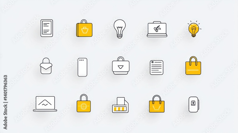 Poster a collection of 15 sleek and minimalist icon graphics in an outline style suitable for use in digita