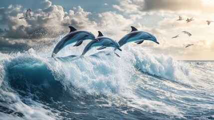 Obraz premium Dolphin Ballet: A Majestic Display of Aquatic Grace Amidst Ocean Waves