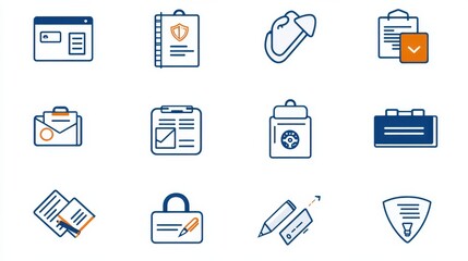 A collection of 15 minimalist outline style icons covering various business technology and office related concepts