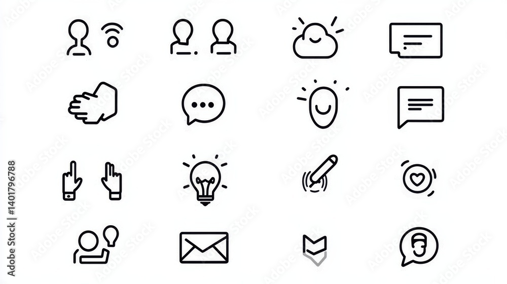 Poster this image contains a set of minimalist icons representing various elements of communication dialogu