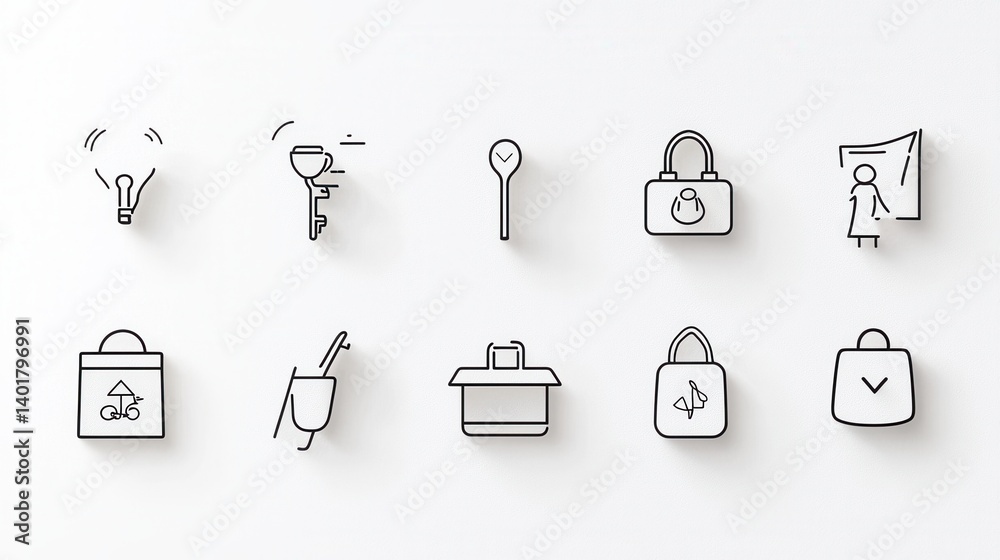 Poster this image contains a collection of 15 stylized thin line icons representing various elements relate