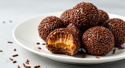 Close-up of gourmet brigadeiros coated in chocolate sprinkles, Brazilian dessert