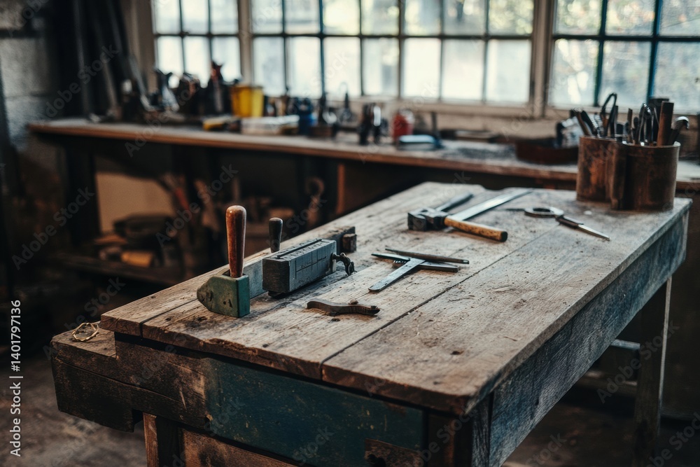 Poster old wooden workbench filled with worn tools and rustic charm in natural light during the afternoon