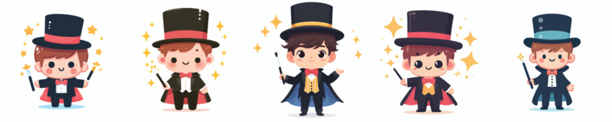 collection of cute vectors of boys wearing magician costumes
