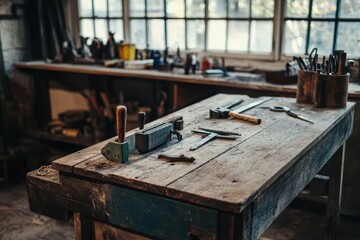 Old wooden workbench filled with worn tools and rustic charm in natural light during the afternoon