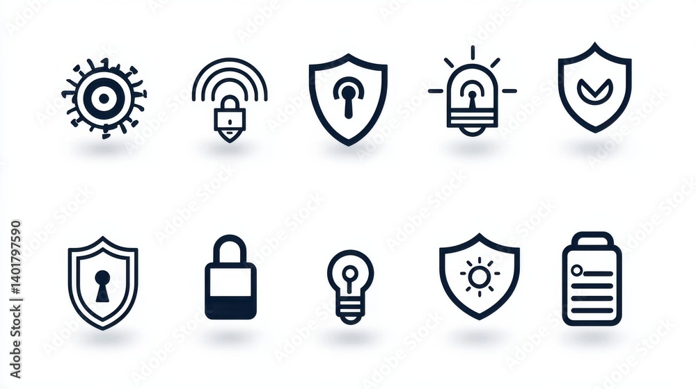 Poster a minimalist set of thin line icons representing various security and protection concepts including 