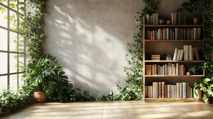 Indoor sanctuary blending a bookshelf with lush greenery and natural light