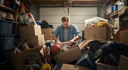 Man Organizing Cluttered Garage Full of Boxes and Items
