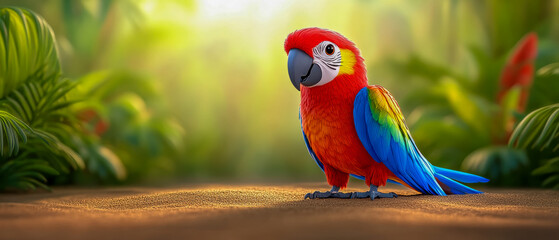 [Colorful cartoon parrot in natural setting] Vibrant Parrot Perched Among Lush Greens in Whimsical Forest Scene