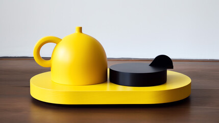 A vibrant yellow teapot and sleek black lid rest on a smooth wooden surface, creating an engaging modern aesthetic. Perfect for home decor inspiration.