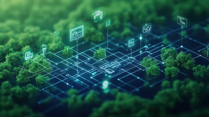 Obraz premium Lush Green Forest Surrounded by Ethereal Blue and White Graphic Elements Creating a Dreamlike Atmosphere of Tranquility and Natural Beauty