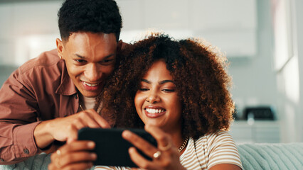 Phone, couple and laugh at home with internet, online joke and browsing for meme. Man, woman and...