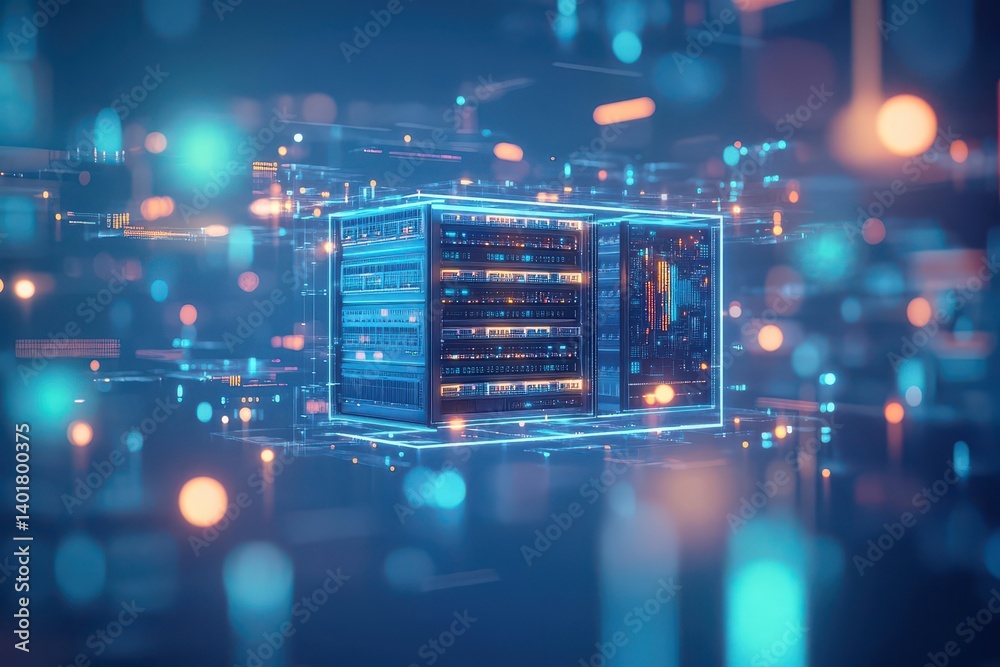 Poster mysterious server room illuminated by soft glowing lights creating a futuristic atmosphere with shad