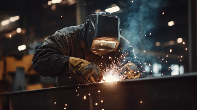 A welder in protective gear working on steel beams. Featuring sparks and craftsmanship