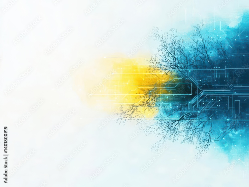 Poster intricate computer circuitry intertwined with a lush green tree symbolizing technology and nature co
