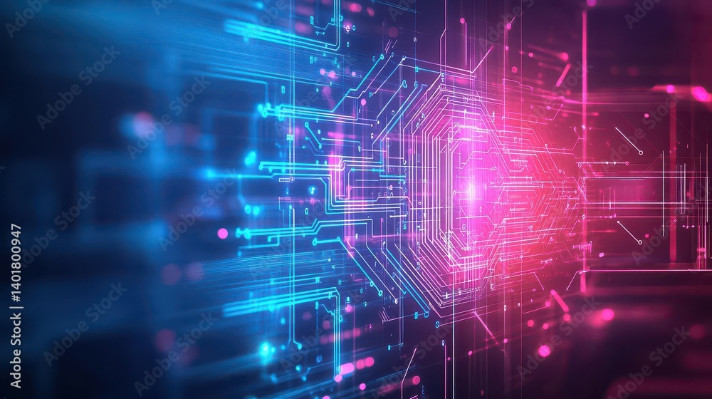 Poster vibrant computer circuit board illuminated by red and blue lights creating a futuristic and dynamic 