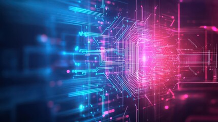 Obraz premium Vibrant Computer Circuit Board Illuminated by Red and Blue Lights Creating a Futuristic and Dynamic Technology Environment for Innovation and Design