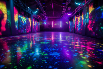 
Festival-themed glitter body spray with neon UV paint, electric dance floor lights