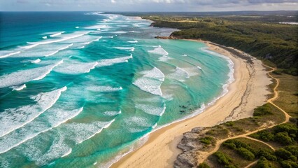 Obraz premium Aerial View of Turquoise Ocean Waves and Sandy Beach – Tropical Paradise Coastline