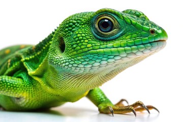 Naklejka premium Night Lizard Photography: Isolated White Background, Reptile, Nocturnal, Scaly, Green, Brown, Reptilian, Closeup, Macro, Wildlife, Animal, Nature, Dark,