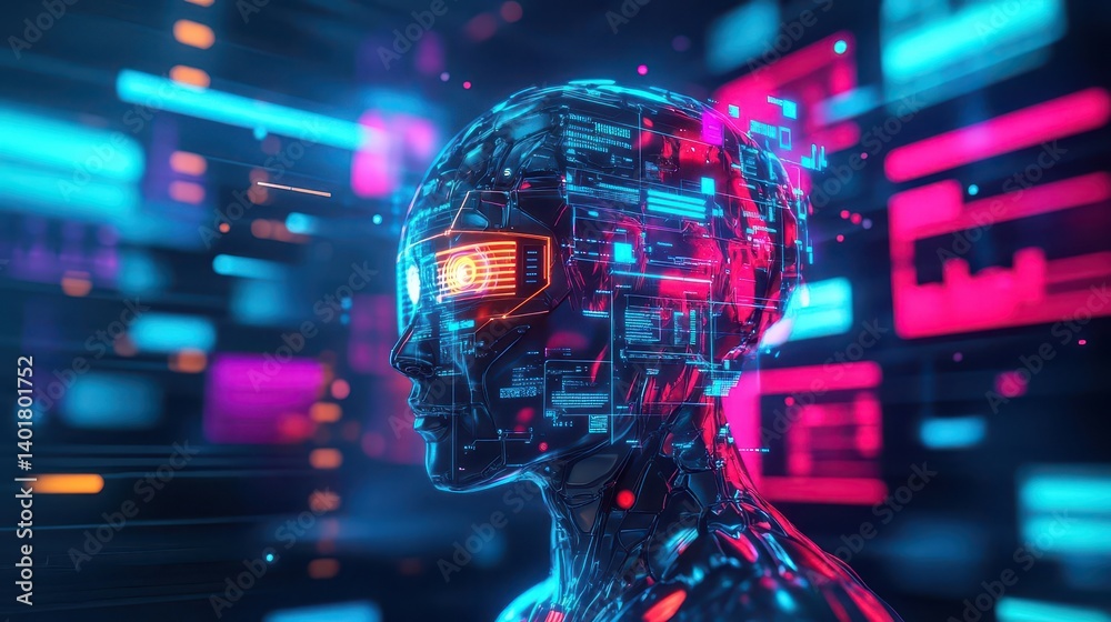Poster futuristic robot with glowing neon features illuminating a dark environment creating a mysterious an