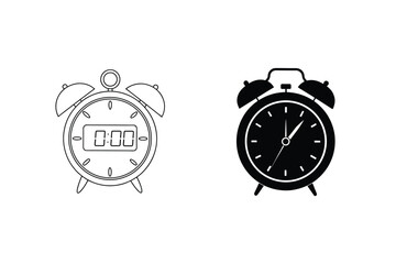 Alarm Clock Vector Illustration Line Art And Silhouette Two Versions Isolated On White