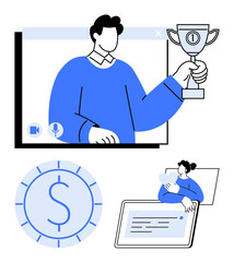 Person holding a trophy during online event, large currency icon, and tablet interaction. Ideal for success, entrepreneurship, rewards, online events, financial goals, motivation digital networking