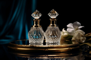 
Luxury perfume duo (day and night sprays) on a velvet cloth, diamond-shaped bottle caps, moody lighting
