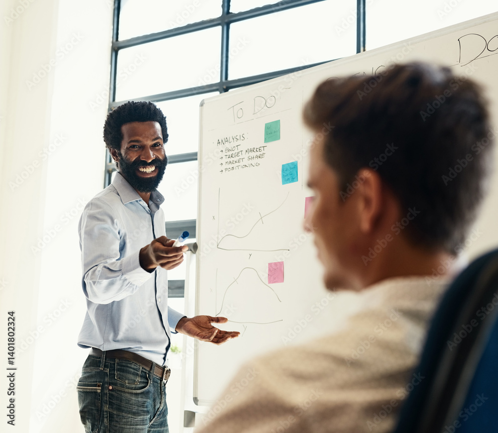 Poster answer, meeting and whiteboard with business black man in office boardroom for coaching or training.