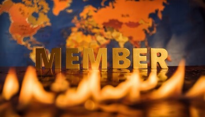 Golden Letters Spelling Member Against World Map Background