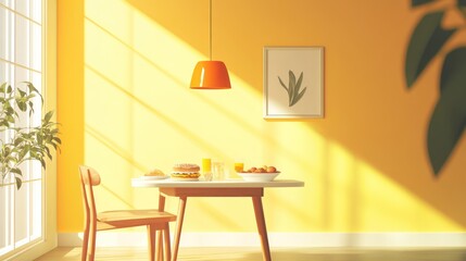 Sunny breakfast nook, yellow walls, wooden chair, food on table, sunlight streaming