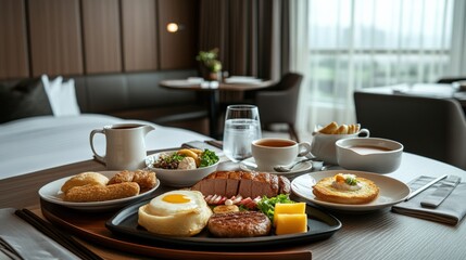 A beautifully arranged breakfast spread featuring eggs, sausage, and pastries in a cozy hotel room
