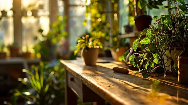 The home garden interior is filled with a variety of beautiful plants