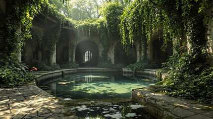 Abandoned outdoor pool, wild plants are visible everywhere