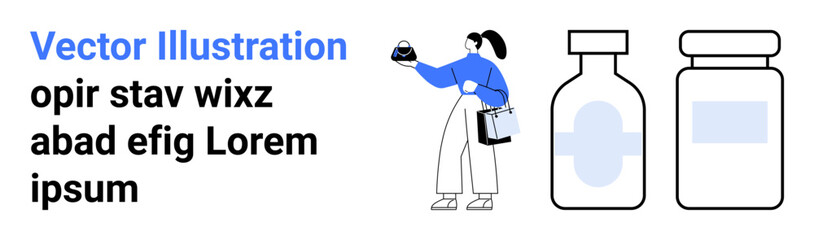 Female researcher examining a flask, jotting notes, and two medicine bottles representing healthcare, science, research, innovation, laboratory work, medical studies education. Ideal for flat