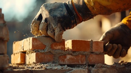 Bricklayer applying mortar before placing a new brick. Featuring alignment and stability