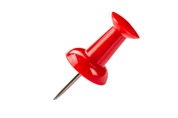 Single red push pin isolated on a clean white background