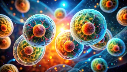 Microscopic Cell Division: Aerial View, Cytokinesis, Mitosis, Meiosis, Cellular Biology, High Resolution, Scientific Imagery