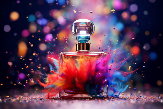 
Perfume bottle exploding with colored powder (Holī-inspired), vibrant motion blur, confetti