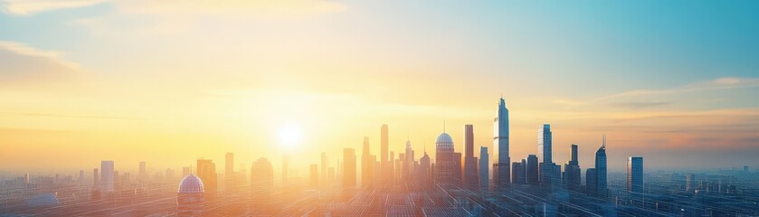 Fototapeta premium Breathtaking City Skyline Silhouetted Against a Vibrant Sunset with Fiery Colors and Towering Skyscrapers Reflecting Urban Life and Energy