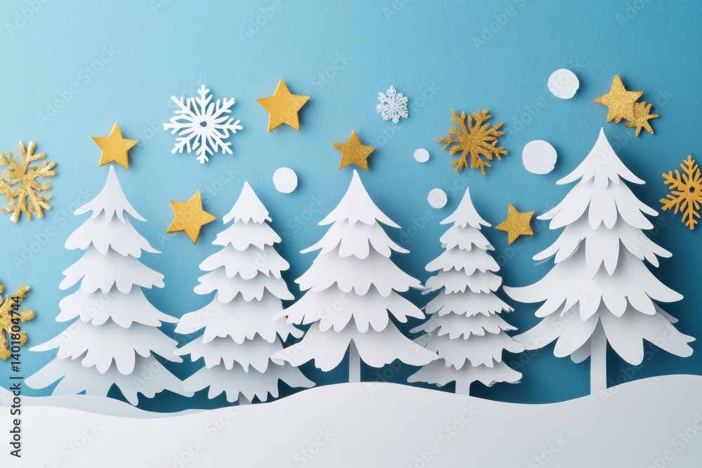 Poster decorative paper cutout trees with golden stars and snowflakes in a winter setting