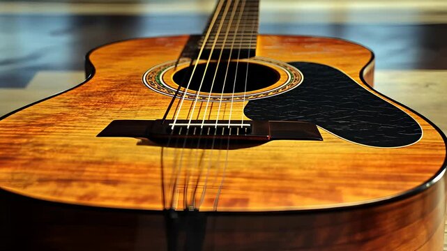 Close-Up of Beautiful Acoustic Guitar with Detailed Wood Grain and Strings

