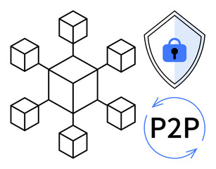 Obraz premium Black and white interconnected cubes represent blockchain, shield with blue lock symbolizes security, P2P with circular arrows signifies peer-to-peer network. Ideal for tech, finance, cybersecurity
